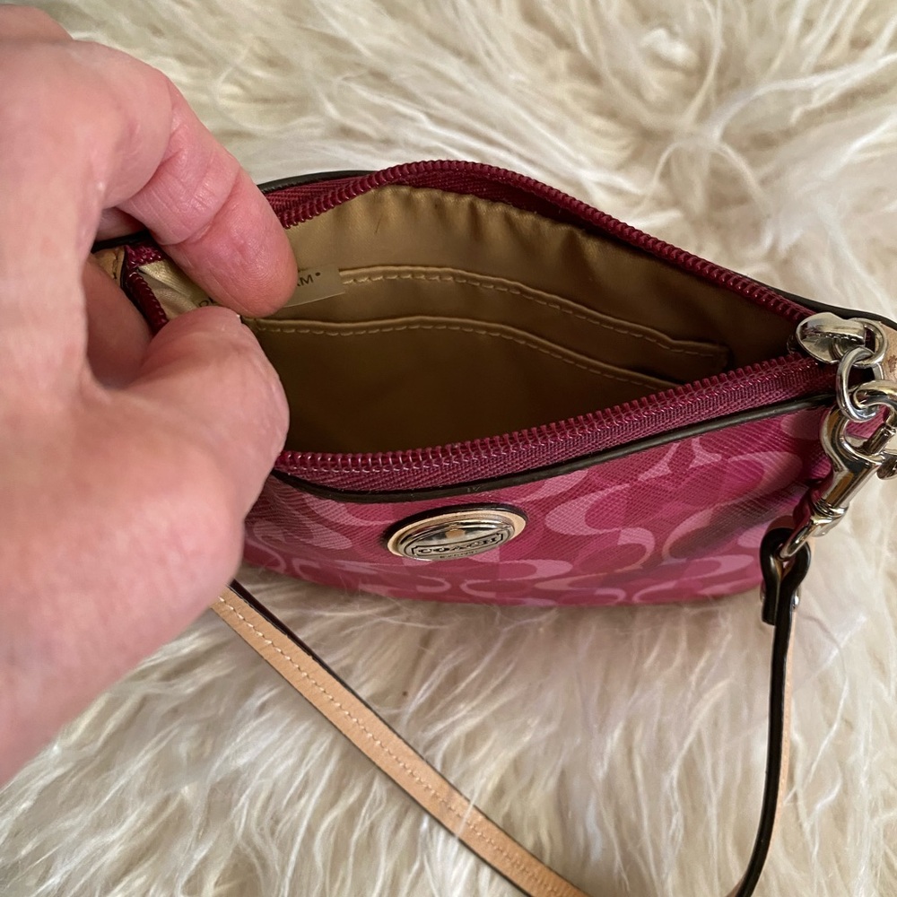 Coach Logo Wristlet Mini Bag, Maroon/Pink, Swivel-Snap Clip Card Holder Inside - Picture 9 of 12